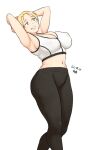  1girl arm_behind_head armpits arms_up blonde_hair breasts cleavage covered_nipples curvy dated feet_out_of_frame grin midriff navel original pants short_hair smile solo sports_bra standing tsukudani_(coke-buta) very_short_hair white_sports_bra yoga_pants 
