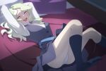  1girl :d ^_^ ^o^ arikindows10 arms_up bed black_socks blonde_hair bound bound_wrists breasts cleavage closed_eyes commentary commentary_request commission diana_cavendish dress foot_out_of_frame highres little_witch_academia long_hair luna_nova_school_uniform lying no_shoes on_back on_bed open_mouth panties pants pantyshot pillow pinafore_dress school_uniform smile socks solo teeth thighs underwear upper_teeth wavy_hair white_pants 