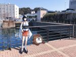  1girl black_hair blue_sky bokukawauso building cloud commentary_request day detached_sleeves geta hair_ornament headgear japanese_clothes kantai_collection otter outdoors photo_background railing red_eyes shark_ishi short_hair sky water yamashiro_(kancolle) 