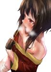  absurdres bandaged_arm bandages bare_shoulders blush breasts breath brown_hair cleavage downblouse eyelashes fingerless_gloves from_above gloves highres hot kono_subarashii_sekai_ni_shukufuku_wo! long_sleeves looking_ahead megumin parted_lips red_eyes shirt_tug short_hair sidelocks simple_background small_breasts sweat sweating_profusely sweaty_clothes takami_(pixiv66994751) upper_body wet wet_clothes wet_hair white_background 