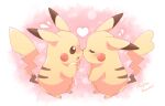  :d affectionate blush brown_eyes closed_eyes commentary_request flying_sweatdrops from_side heart jippe musical_note noses_touching open_mouth pikachu pokemon signature smile standing tongue 
