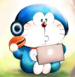  2022 anthro apple_inc. apple_macintosh blue_body blue_fur collar computer domestic_cat doraemon doraemon_(character) dorayaki felid feline felis food fur headphones holding_food holding_object macbook machine male mammal mouth_closed mt_tg pouch_(anatomy) red_collar red_nose robot shaded sitting solo whiskers white_body white_fur 