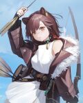  1girl absurdres arknights arrow_(projectile) bare_shoulders black_collar black_gloves blue_background bow_(weapon) breasts brown_jacket collar cowboy_shot dress earclip elbow_gloves fingerless_gloves fur-trimmed_jacket fur_trim gloves hair_ornament highres holding holding_arrow holding_bow_(weapon) holding_weapon jacket long_sleeves looking_at_viewer lunacub_(arknights) open_clothes open_jacket parted_lips quiver simple_background sleeveless sleeveless_dress small_breasts solo tassel tassel_hair_ornament weapon white_dress yidie 