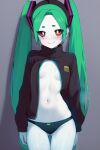  1girl alternate_hair_color aqua_hair artist_request colored_sclera colored_skin cosplay cyberpunk_(series) cyberpunk_edgerunners green_skin hatsune_miku hatsune_miku_(cosplay) long_hair rebecca_(cyberpunk) red_eyes red_sclera solo twintails 