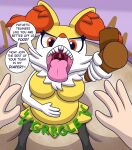  2021 absurd_res anthro braixen breasts diaper digestion_noises digital_media_(artwork) duo english_text feces female filth first_person_view fur generation_6_pokemon hand_on_stomach hi_res human imminent_vore inner_ear_fluff mammal messy_diaper nintendo nyxiettenyxstar open_mouth pokemon pokemon_(species) scat simple_background soiled_diaper soiling solo text tuft video_games yellow_body 