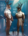  abs anthro balls beard bgn biceps bromance capreoline casual_nudity cervid dialogue drain duo eye_contact facial_hair feet flaccid foreskin genitals hairy_penis hi_res looking_at_another male mammal muscular navel nipples pecs penis reindeer shampoo shower_room showering standing text 