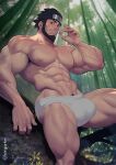  1boy abs bamboo bamboo_forest bara beard biceps black_hair bulge cigarette day facial_hair feet_out_of_frame forest hairy headband henry_partum large_pectorals looking_at_viewer male_focus male_underwear manly mature_male muscular muscular_male naruto naruto_(series) nature navel navel_hair nipples no_pants outdoors pectorals sarutobi_asuma short_hair sky smoking solo spiked_hair thick_arms thick_eyebrows thick_thighs thighs topless_male underwear veins veiny_arms 