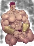  1boy abs bara biceps blue_eyes boku_no_hero_academia cum ejaculation endeavor_(boku_no_hero_academia) erection gauntlets henry_partum highres huge_penis kneeling large_pectorals male_focus manly mature_male muscular muscular_male navel nipples nude pectorals penis pubic_hair red_hair scar scar_on_face short_hair simple_background smirk spiked_hair teeth testicles thick_arms thick_thighs thighs veins veiny_arms veiny_penis 