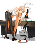  1girl :3 alcohol alternate_costume anchor_hair_ornament animal_ears ass ball billiard_ball billiards black_pantyhose blonde_hair bottle fishnet_pantyhose fishnets grey_eyes hair_ornament kantai_collection kitsuneno_denpachi leaning_forward long_hair pantyhose playboy_bunny pool_table rabbit_ears rabbit_tail rensouhou-chan shimakaze_(kancolle) simple_background solo table tail white_background wrist_cuffs 