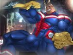  1boy abs absurdres all_might artist_name bara biceps blonde_hair blue_eyes blurry blurry_background bodysuit boku_no_hero_academia bulge clenched_hand covered_nipples feet_out_of_frame flexing gloves henry_partum highres large_pectorals looking_at_viewer male_focus manly mature_male muscular muscular_male pectorals pose short_hair signature smile smirk solo spiked_hair spread_legs teeth thick_arms thick_eyebrows thick_thighs thighs tight veins veiny_arms 