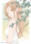  1girl bare_shoulders breasts brown_eyes brown_hair dress forehead from_side hand_up highres long_hair looking_at_viewer looking_to_the_side medium_breasts original parted_lips sheepd sleeveless sleeveless_dress solo upper_body watermark web_address white_dress 