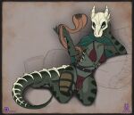  2018 anthro armor belt black_stripes bottomwear breasts brown_body cape claws clothed clothing cobra countershade_torso countershading duo female feral furgonomics hi_res horn kneeling leaning leaning_back lichfang loincloth looking_at_viewer magic_user mask necromancer pillow pinup pose reclining reptile scalie simple_background skull_mask snake snake_hood striped_body stripes tail_armor toe_claws unconvincing_armor 