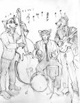  akatan_art anthro black_and_white bottomwear canid clothed clothing drum eye_contact eyes_closed felid front_view group happy head_tuft hi_res jacket looking_at_another male mammal monochrome musical_instrument necktie open_mouth open_smile pants percussion_instrument playing_music simple_background sitting sketch smile spreading standing tongue tongue_out topwear tuft unsigned wide_eyed 