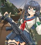  1girl armband assault_rifle bangs black_hair black_thighhighs blue_sailor_collar blue_skirt braid closed_mouth glasses green_eyes ground_vehicle gun hair_tie highres howa_type_89 japan_self-defense_force long_sleeves looking_at_viewer magazine_(weapon) mikeran_(mikelan) military military_vehicle miniskirt motor_vehicle neckerchief original outdoors pleated_skirt radio_antenna red-framed_eyewear red_neckerchief rifle sailor_collar school_uniform serafuku serious shirt side_braid skirt solo tank thigh_pouch thighhighs type_89_ifv v-shaped_eyebrows walkie-talkie weapon white_shirt 