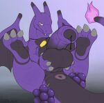  3_fingers 3_toes anthro anus ball_grab balls berry big_balls big_penis black_body black_scales bodily_fluids charizard claws dragon dripping erection fangs feet fingers fire flaming_tail food fruit generation_1_pokemon genital_fluids genitals hi_res horn huge_penis humanoid_genitalia humanoid_penis jewelry looking_at_viewer male membrane_(anatomy) membranous_wings necklace nintendo nude penis plant pokemon pokemon_(species) precum precum_drip presenting presenting_penis purple_body purple_scales q-blackbun reclining scales scalie solo toes video_games wings 