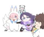  1boy 3girls azu_(kirara310) black_bow black_hair blue_eyes bow chaldea_uniform chibi closed_mouth clothing_cutout commentary_request cosplay dress fate/grand_order fate_(series) fou_(fate) fou_(fate)_(cosplay) from_behind fujimaru_ritsuka_(male) grey_hair hair_bow hair_over_one_eye holding jacket long_hair mash_kyrielight minamoto_no_raikou_(fate) morgan_le_fay_(fate) multiple_girls navel navel_cutout one_eye_covered pink_hair purple_eyes saint_quartz_(fate) short_hair signature simple_background sweat translation_request uniform white_background white_dress white_jacket wide_sleeves 