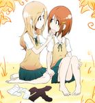  absurdres bad_id bad_pixiv_id barefoot feeding feet food fujiaki_subaru highres hirasawa_yui k-on! kotobuki_tsumugi multiple_girls sock_pull socks 