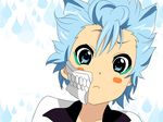  arrancar bleach blue_eyes blue_hair blush confused crossover facepaint grimmjow_jaegerjaquez highres k-on! male_focus mask parody rain simple_background solo spiked_hair style_parody wallpaper 