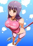  ass blush breasts brown_eyes hips hokuto_(tokuho) itsuwa jewelry large_breasts necklace perspective polearm purple_hair sandals short_hair spear to_aru_majutsu_no_index weapon 