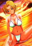  bikini blonde_hair breasts brown_eyes cleavage kudanshita_maeka large_breasts legs long_hair ponytail shopyun sideboob solo spread_legs submerged sunset swimsuit thighs tokimeki_memorial tokimeki_memorial_2 