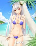  bangs beach bikini bikini_in_mouth bikini_pull bow breasts capcom_fighting_jam cleavage day front-tie_top groin hairpods ingrid large_breasts long_hair mouth_hold navel ocean palm_tree pulled_by_self red_eyes shuugetsu_karasu silver_hair solo standing swimsuit thigh_strap tree 