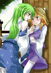  blonde_hair blue_eyes blush detached_sleeves eyes green_hair hair_ornament hat kochiya_sanae long_hair moriya_suwako multiple_girls short_hair sweat thighhighs touhou unya white_legwear yellow_eyes you_gonna_get_raped yuri 