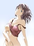  bare_shoulders bottomless breast_slip breasts brown_hair eyeliner green_eyes highres large_breasts makeup navel nipples no_bra no_panties old-one one_breast_out open_mouth original shirt_lift short_hair solo strap_slip tank_top wavy_hair wind 