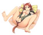 animal_ears barefoot between_breasts black_hair blush breasts chibi cleavage extra_ears eyepatch feet hand_in_panties large_breasts legs legs_up lying military military_uniform minna-dietlinde_wilcke mouth_hold open_clothes open_shirt panties panty_pull pillow red_eyes red_hair rosettastone sakamoto_mio shirt solo strike_witches tail underwear uniform world_witches_series 