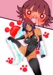  bleach blood blush breasts cameltoe covered_nipples dark_skin elbow_gloves female_pervert gloves grin large_breasts leotard long_hair multiple_girls navel nosebleed o_o pervert ponytail purple_hair sanazura_hiroyuki shihouin_yoruichi short_hair sideboob slit_pupils smile sui-feng thighhighs yellow_eyes 