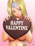  blonde_hair breasts chocolate circlet covering dragon_quest dragon_quest_vi green_eyes happy_valentine heart large_breasts long_hair mireyu nude nude_cover underboob valentine yama-michi 