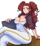  breasts brown_eyes brown_hair bursting_breasts cleavage crossed_legs curvy drill_hair fu_(oufu) heroman large_breasts sitting sleeves_pushed_up solo vera_collins 