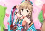  1girl bangs bare_shoulders breasts brown_eyes detached_sleeves eyebrows_visible_through_hair hair_ornament idolmaster idolmaster_cinderella_girls idolmaster_cinderella_girls_starlight_stage japanese_clothes long_hair looking_at_viewer nannacy7 small_breasts smile yorita_yoshino 