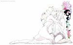  bare_shoulders barefoot dress feet flower kiss kneeling lips long_hair multiple_girls null_(chronix) original plant wallpaper yuri 