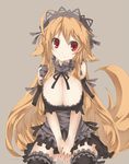  arutoria bare_shoulders black_legwear breasts cleavage kuu_(endou_chihiro) large_breasts long_hair maid_headdress orange_hair original red_eyes ribbon sitting solo tail thighhighs 