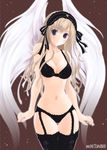  angel black_eyes black_legwear black_panties blonde_hair bow bra cross garter_straps headdress lingerie long_hair original panties ribbon solo thigh_gap thighhighs underwear underwear_only very_long_hair wings xi_daisei 