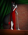  absurd_res anthro black_fur black_hair canid canine clothing detailed_background dress felicity_longis_(character) female fox fur green_eyes hair hi_res mammal microphone red_fur singer solo spotlight stage vermillion_vixen white_fur 