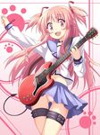  angel_beats! belt choker cross dekosuke demon_tail fang guitar instrument long_hair open_mouth panties pantyshot pink_eyes pink_hair pink_panties school_uniform serafuku solo tail thigh_strap two_side_up underwear upskirt yui_(angel_beats!) 