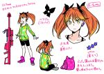  #compass 1girl absurdres backpack bag bike_shorts black_shorts butterfly_hair_ornament character_sheet chii-chan_(#compass) commentary_request earrings full_body green_eyes grin gun gun_request hair_ornament highres hood hoodie jewelry keychain legs_crossed muzzle_brake orange_hair poaro rifle shoes shorts simple_background sitting smile sneakers sniper_rifle solo spaghetti_strap standing star star_earrings translation_request tsurime twintails upper_body weapon white_background 