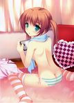  absurdres aqua_eyes ass back bad_id bad_yandere_id brown_hair butt_crack frilled_pillow frills from_behind heart highres looking_back natsuki_shuri original panties pillow side-tie_panties sitting solo striped striped_legwear striped_panties thighhighs topless twintails underwear underwear_only 