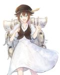  1girl backpack bag blue_eyes brown_hair brown_hat chizu_(fiute) cowboy_shot dress hair_between_eyes hat hat_feather index_finger_raised looking_at_viewer octopath_traveler open_mouth short_hair short_sleeves simple_background smile solo tressa_(octopath_traveler) vest white_background 