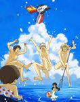  4boys axis_powers_hetalia bad_id bad_pixiv_id ball beach beachball bird casual_one-piece_swimsuit censored chick cloud convenient_arm convenient_censoring convenient_head convenient_leg day france_(hetalia) happy innertube kogashi_negi long_hair male_swimwear multiple_boys nude ocean one-piece_swimsuit outdoors polearm prussia_(hetalia) seychelles_(hetalia) sky southern_italy_(hetalia) spain_(hetalia) sparkle streaking swim_trunks swimsuit swimwear trident water weapon 