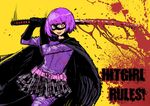  belt blood butcherboy cape english gloves hit-girl kick-ass mask purple_hair red_eyes short_hair skirt solo weapon 