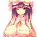  :&lt; areolae bangs blunt_bangs bow breasts breasts_outside capelet cleavage hat huge_breasts long_hair looking_at_viewer nipples no_bra patchouli_knowledge shiny shiny_skin simple_background solo touhou tro upper_body white_background 