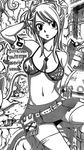  bare_shoulders bikini_top blush breasts breasts_apart cleavage fairy_tail greyscale large_breasts lucy_heartfilia mashima_hiro monochrome open_mouth skirt solo thighhighs 
