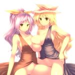  bow breast_press breast_slip breasts frottage hat incest large_breasts long_hair multiple_girls no_panties one_breast_out ponytail pubic_hair purple_hair ribbon siblings sisters touhou tro watatsuki_no_toyohime watatsuki_no_yorihime yuri 