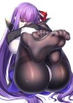  1girl ass bb_(fate)_(all) bb_(fate/extra_ccc) black_legwear blush breasts cape covered_mouth eyebrows_visible_through_hair fate/grand_order fate_(series) gloves hair_ribbon knees_up large_breasts leg_hug long_hair looking_at_viewer pantyhose purple_eyes purple_hair red_ribbon ribbon shirt simple_background sitting skirt solo thighband_pantyhose underwear very_long_hair white_background white_gloves zha_yu_bu_dong_hua 
