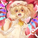  absurdres bad_id bad_pixiv_id blonde_hair blush fang flandre_scarlet hamoto hat highres navel open_mouth red_eyes saliva solo sweat tears torn_clothes touhou wings 