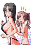  bikini black_eyes black_hair blush bow breasts brown_hair closed_eyes dorm_supervisor flat_chest glasses hair_bow large_breasts long_hair multiple_girls navel shirai_kuroko sideboob slingshot_swimsuit smile swimsuit takamura_wamu to_aru_kagaku_no_railgun to_aru_majutsu_no_index twintails 