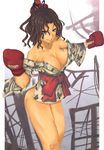  bare_shoulders blue_eyes boxing boxing_gloves breasts brown_hair cleavage gloves hair_ornament highres japanese_clothes kimono large_breasts long_hair onnmyou original ponytail short_kimono smile solo tattoo 