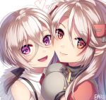  2girls :d antenna_hair azur_lane bangs black_ribbon breasts cheek-to-cheek closed_mouth crossed_bangs eyebrows_visible_through_hair hair_between_eyes hair_ribbon hakusai_ponzu headgear heart iron_cross long_hair looking_at_viewer low_ponytail medium_breasts multicolored_hair multiple_girls open_mouth orange_eyes prinz_eugen_(azur_lane) purple_eyes red_hair ribbon silver_hair sleeveless smile streaked_hair suspenders two-tone_hair upper_body z1_leberecht_maass_(azur_lane) 